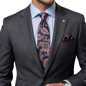 Mario Valentino Mens Silk Tie Navy Blue Plum Gold Floral Botanical Made in USA